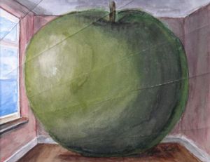 Voir le détail de cette oeuvre: Aquarelle. Pomme pliée. D'après Magritte